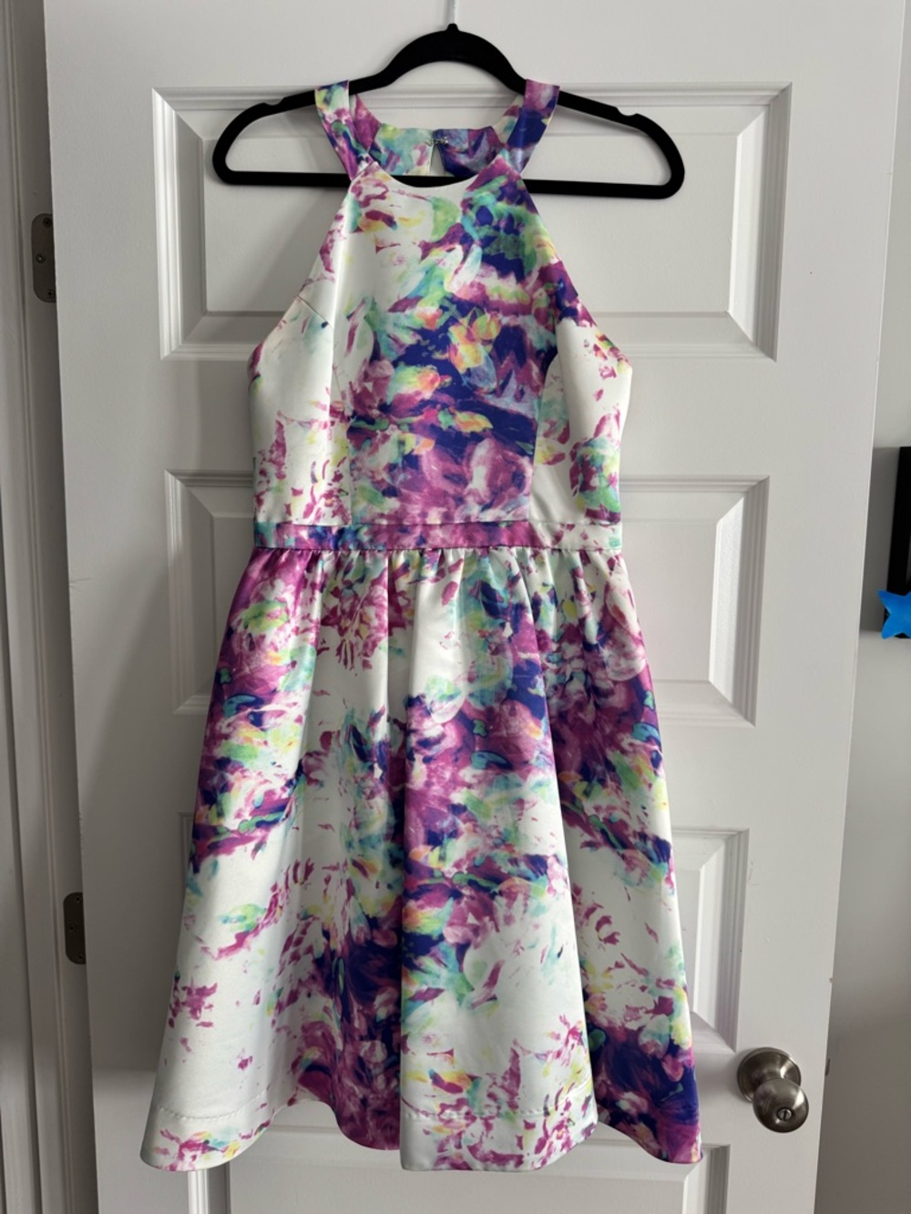 Parker White Halter Floral Dress with Purple and Pink Accents